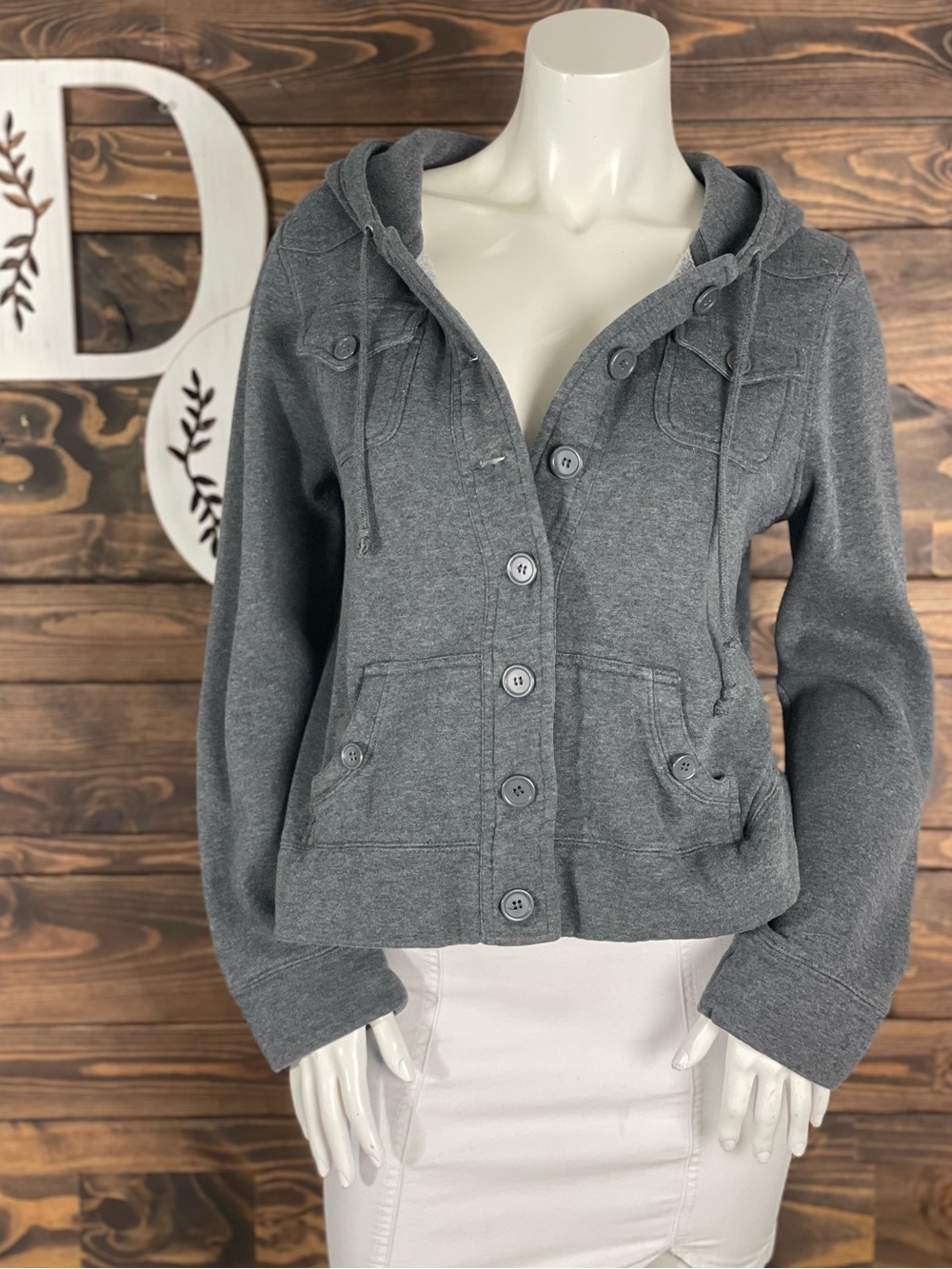 Olivia Sky | Fleece Lined Gray Hooded Drawstring Button-Front Mid Length Jacket